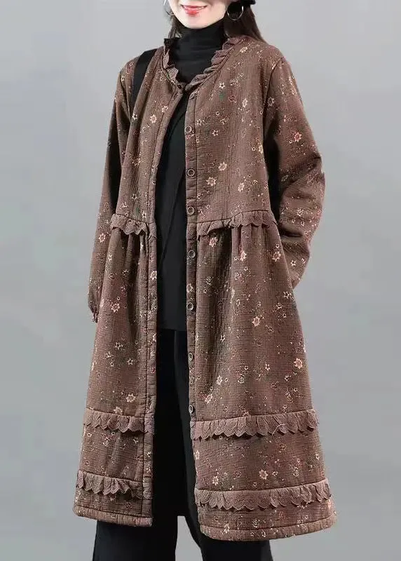 Art Coffee Print Lace Button Patchwork Warm Fleece Coat Fall ML0576