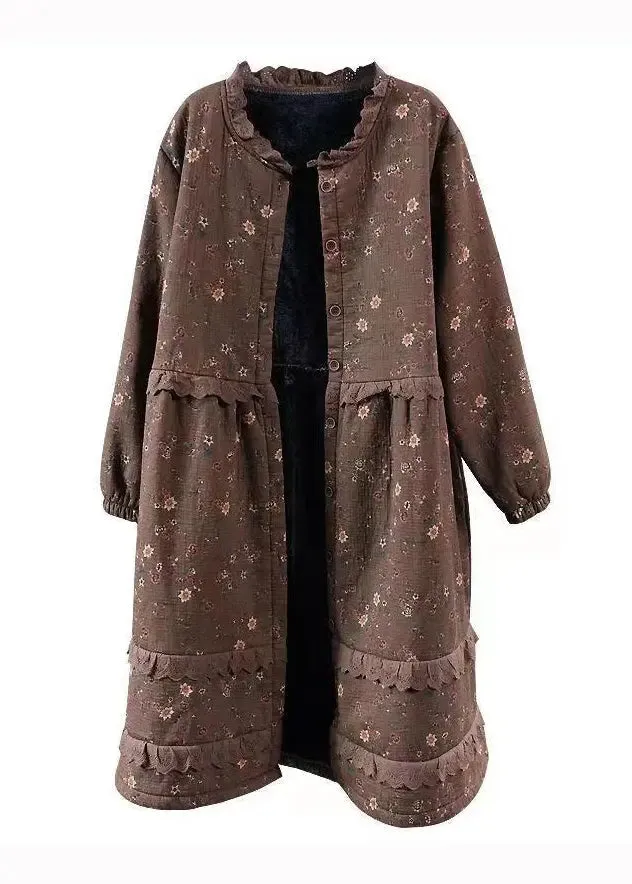 Art Coffee Print Lace Button Patchwork Warm Fleece Coat Fall ML0576