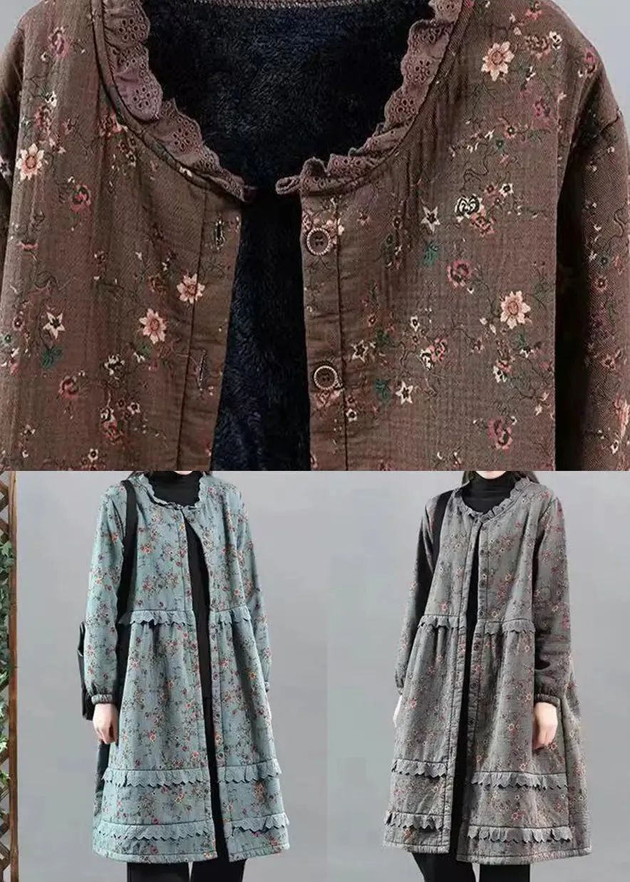 Art Coffee Print Lace Button Patchwork Warm Fleece Coat Fall ML0576