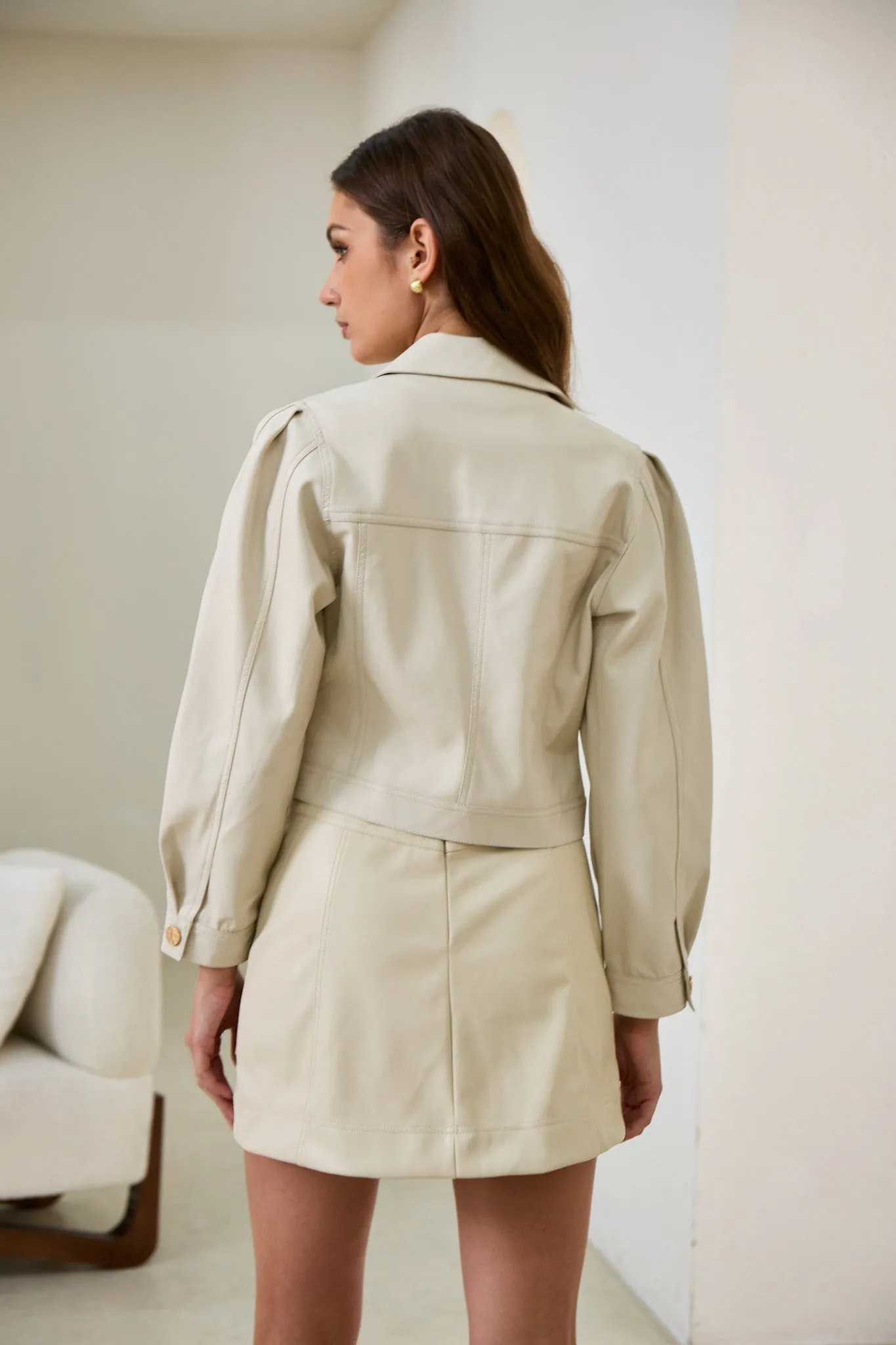 Aston Beige Cropped Faux Leather Jacket