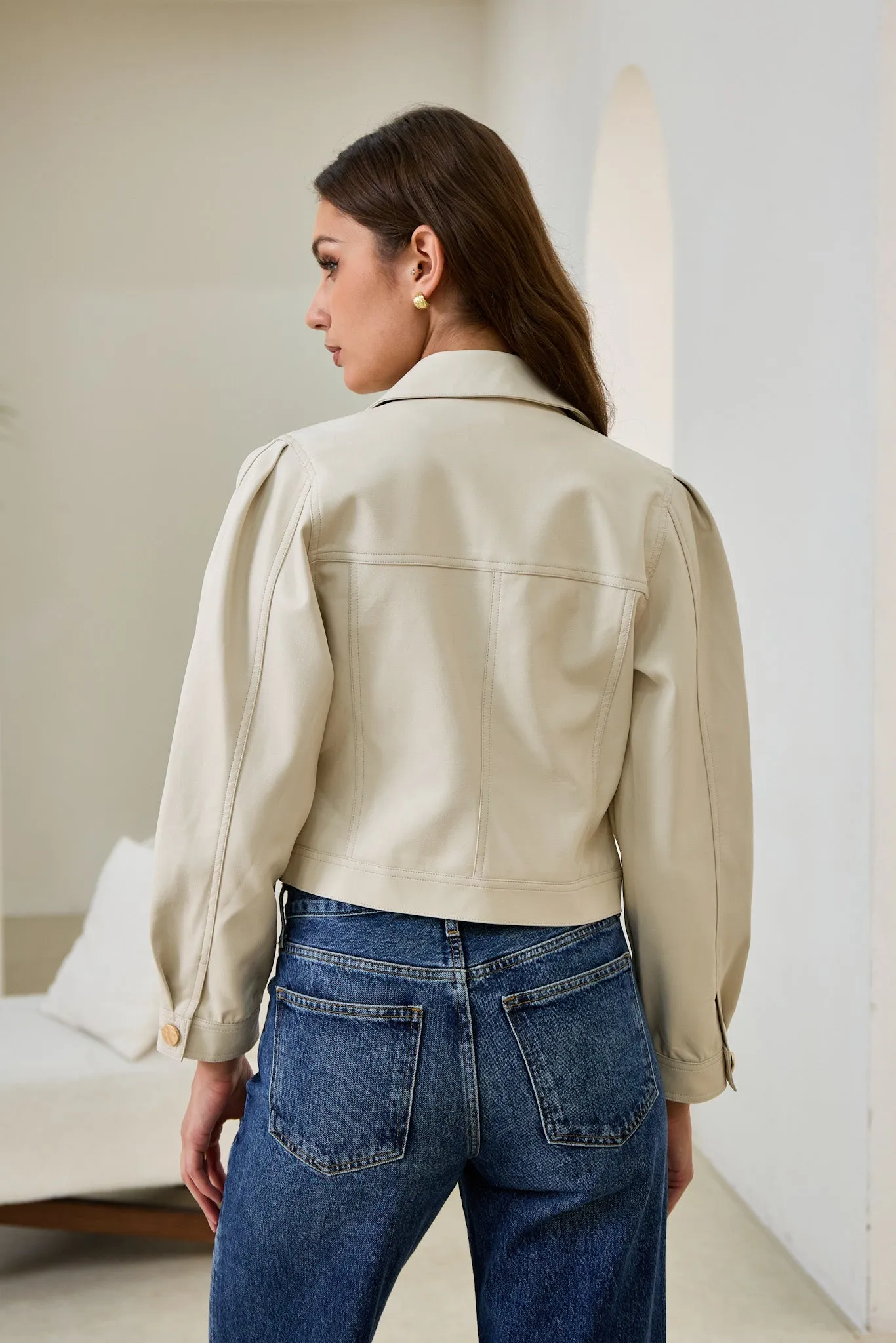 Aston Beige Cropped Faux Leather Jacket