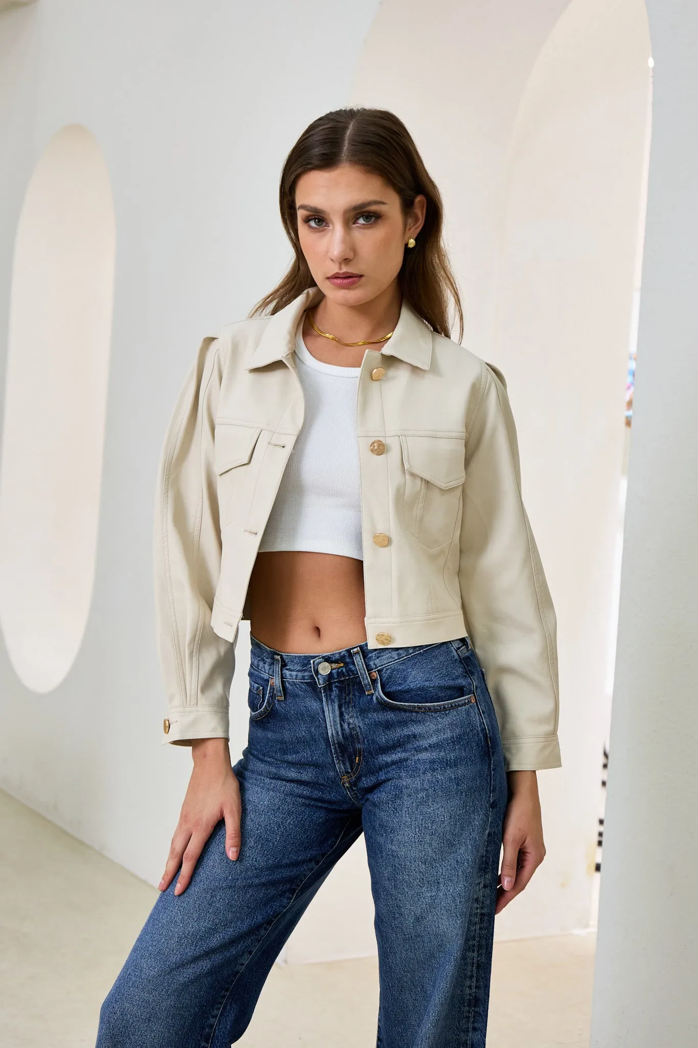 Aston Beige Cropped Faux Leather Jacket