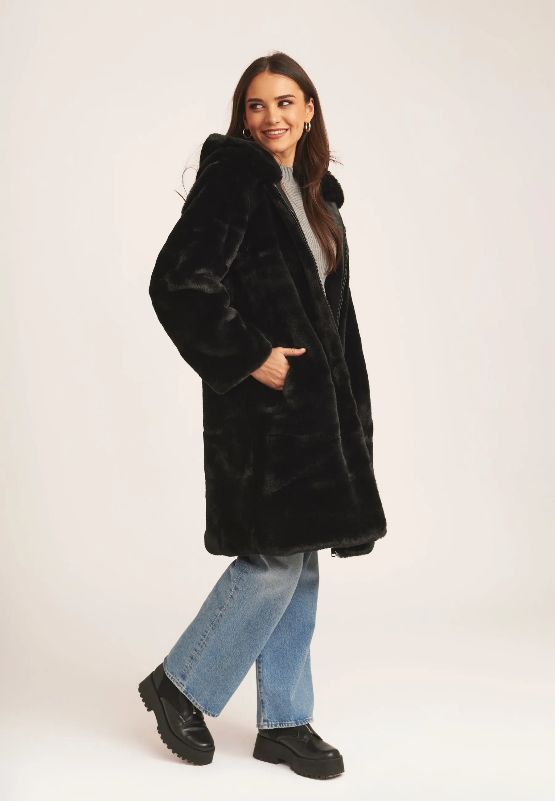 Black Faux Fur Hooded Longline Coat