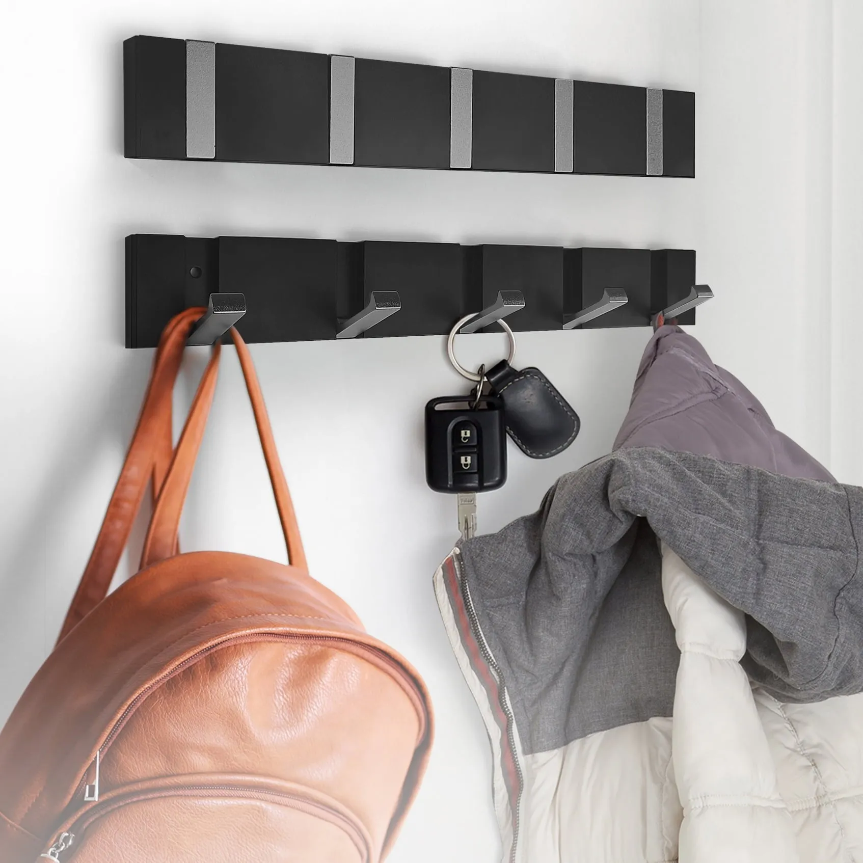 cozy 2 Packs Wall Mounted Coat Rack, Aluminum Hook Board with 5 Hooks, 55 lb Load-bearing