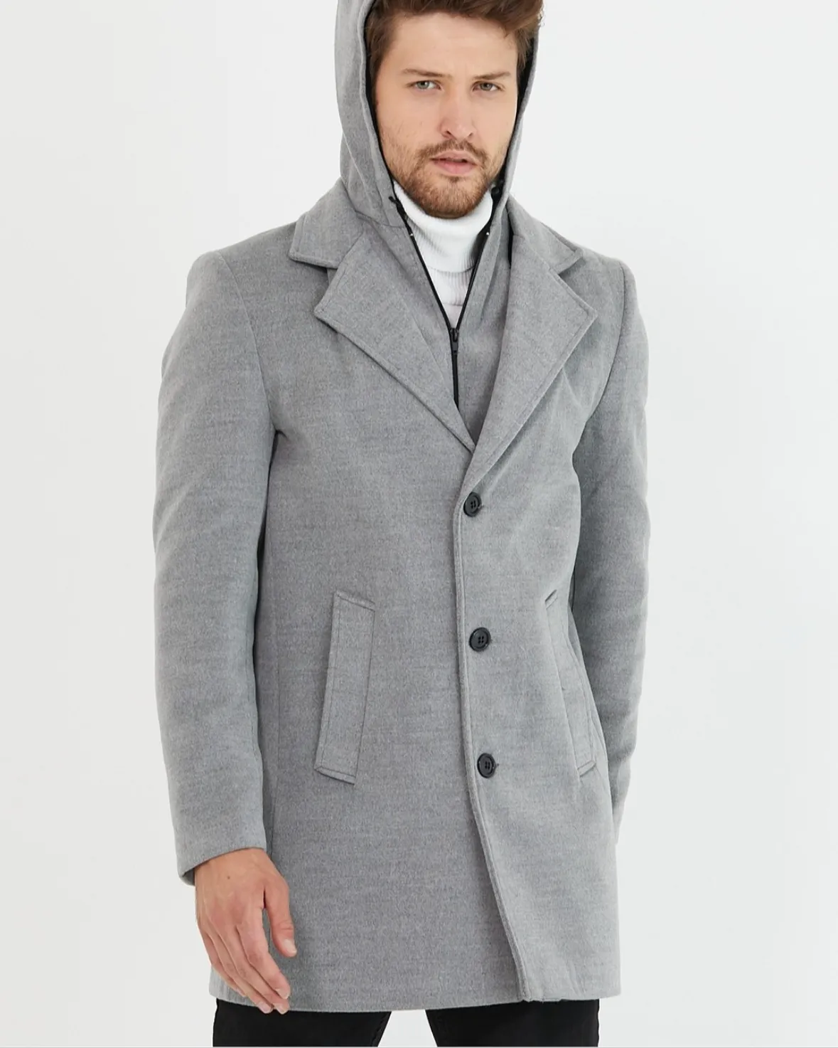 [Drew] Light Grey Single-Breasted Pea Coat with Removable Hood  –100% Wool