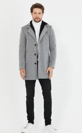 [Drew] Light Grey Single-Breasted Pea Coat with Removable Hood  –100% Wool