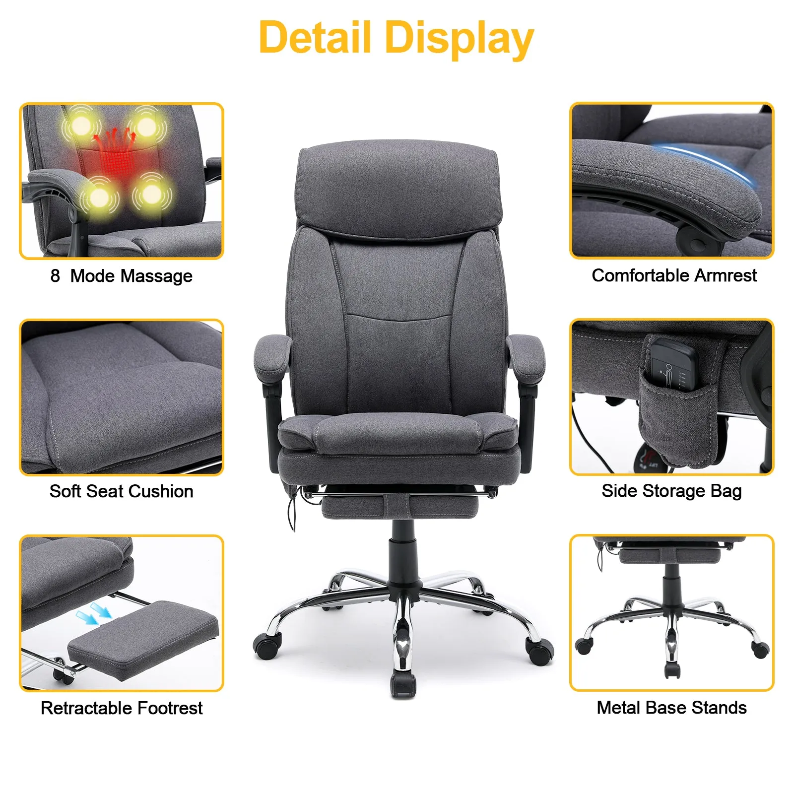 Ergonomic Reclining  Massage Office Chair Gifts For College with Breathable Fabric Dark Gray