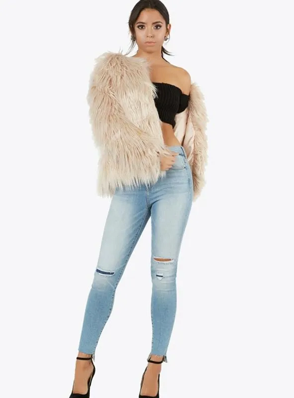 FAUX FUR COATS O-NECK LONG SLEEVE THICK