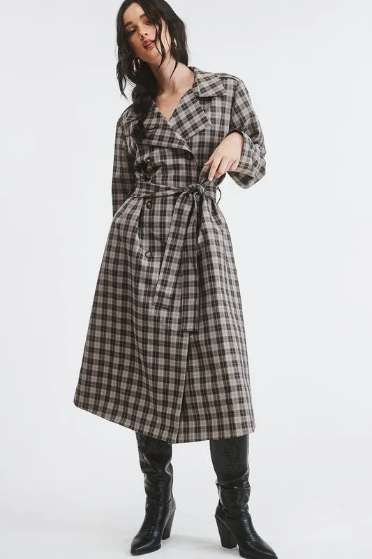 Grey Plaid Woven Long Trench Coat