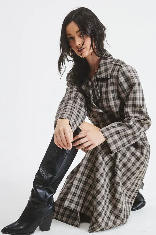 Grey Plaid Woven Long Trench Coat