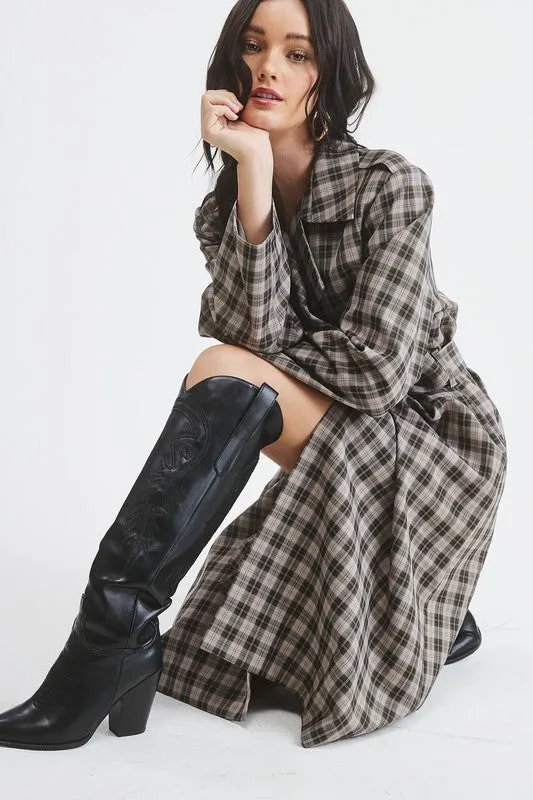 Grey Plaid Woven Long Trench Coat