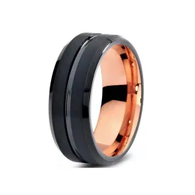 Grooved Onyx Rose Gold Tungsten Carbide Ring