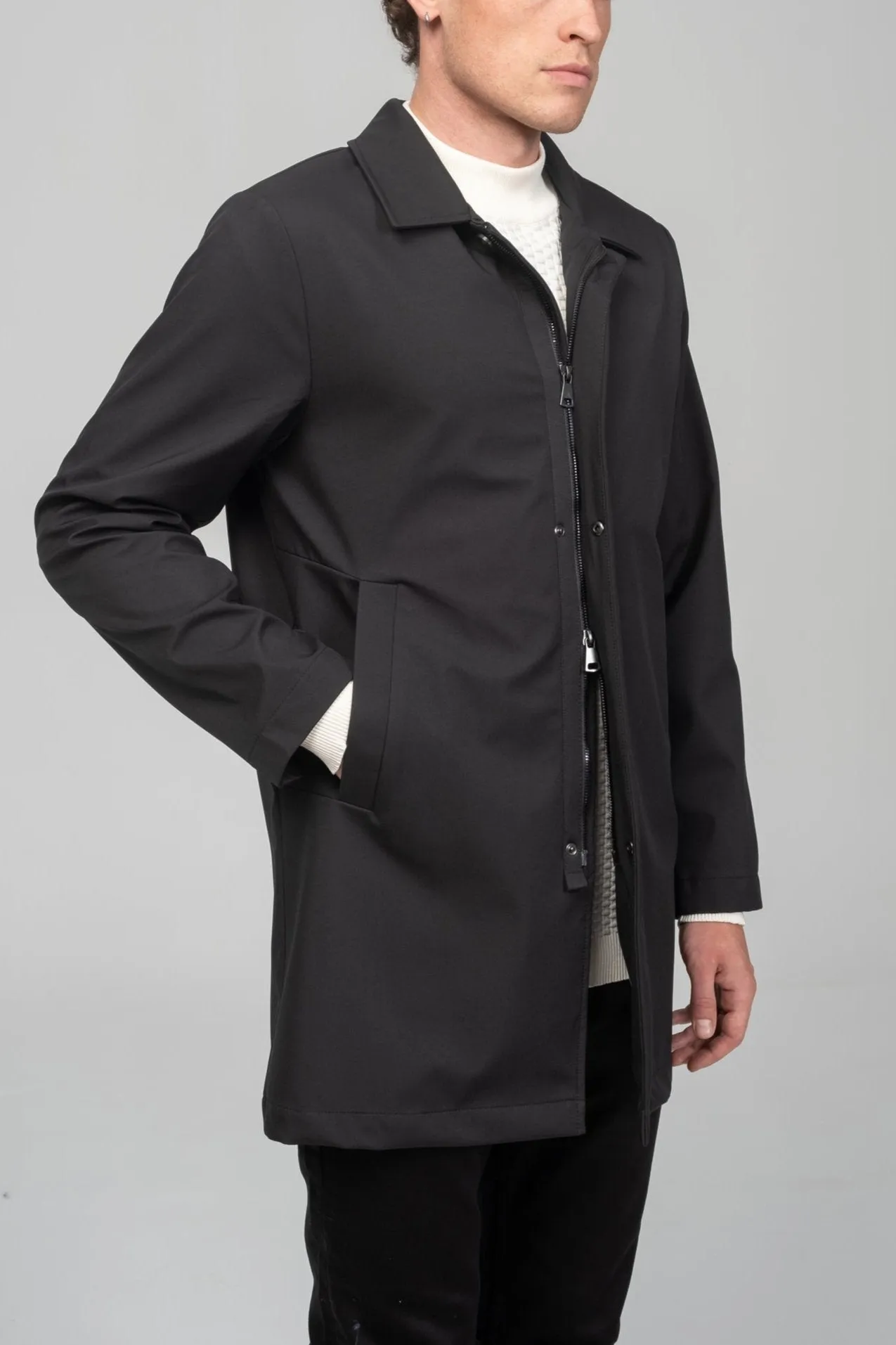 Long Lightweight Windbreaker Coat - Black