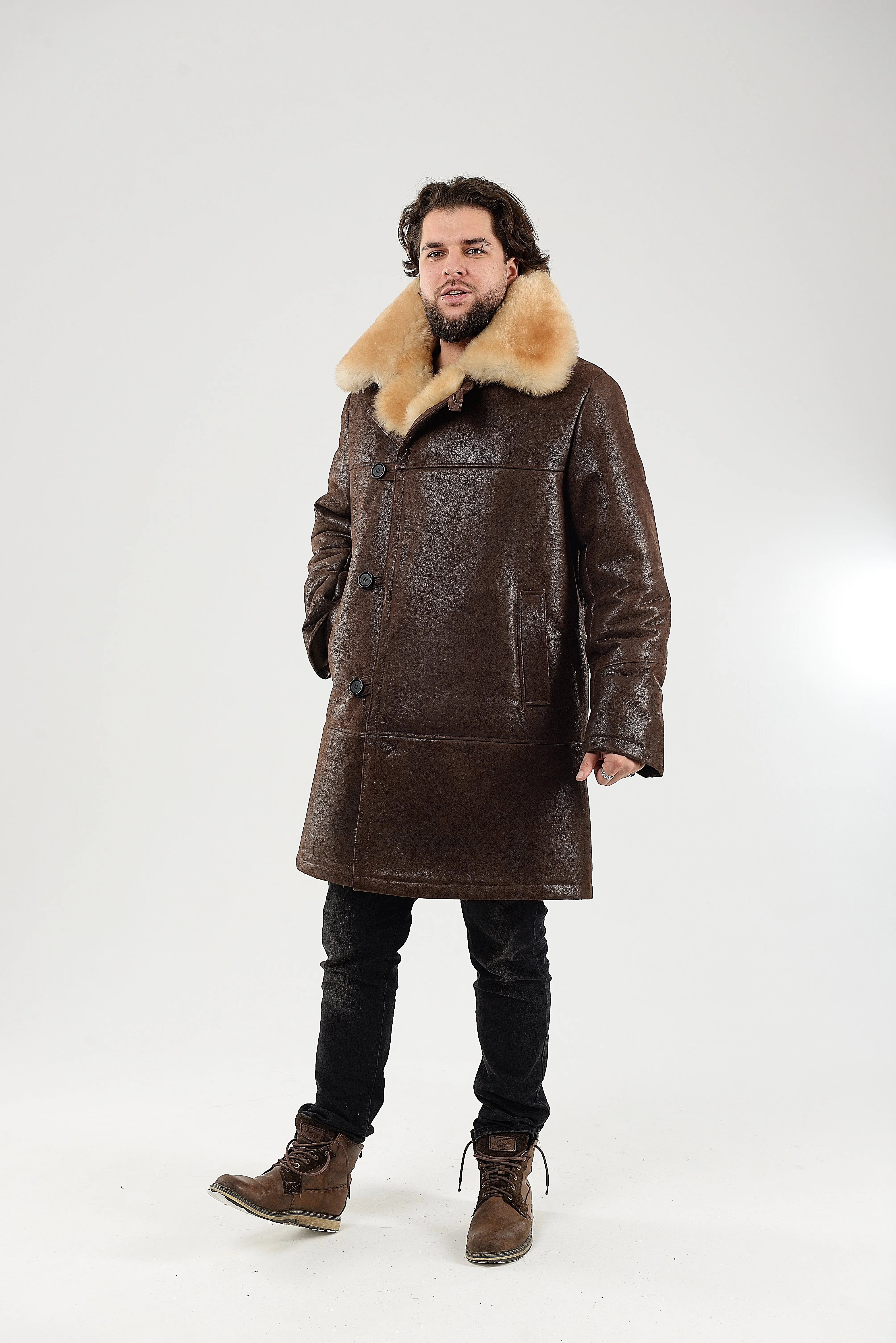 Mens Long Shearling Sheepskin Coat in Brown Color with Wide Fur Collar