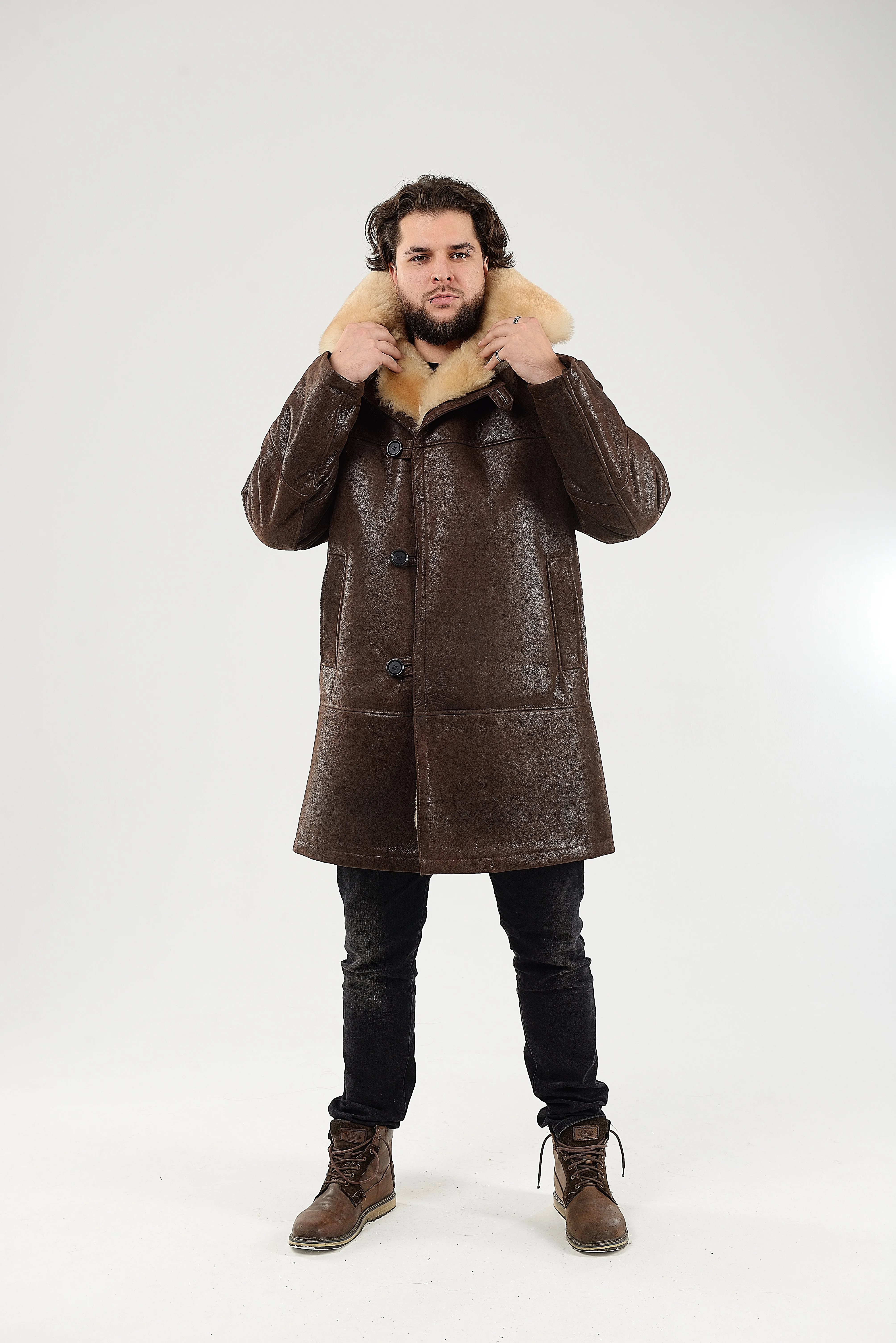 Mens Long Shearling Sheepskin Coat in Brown Color with Wide Fur Collar