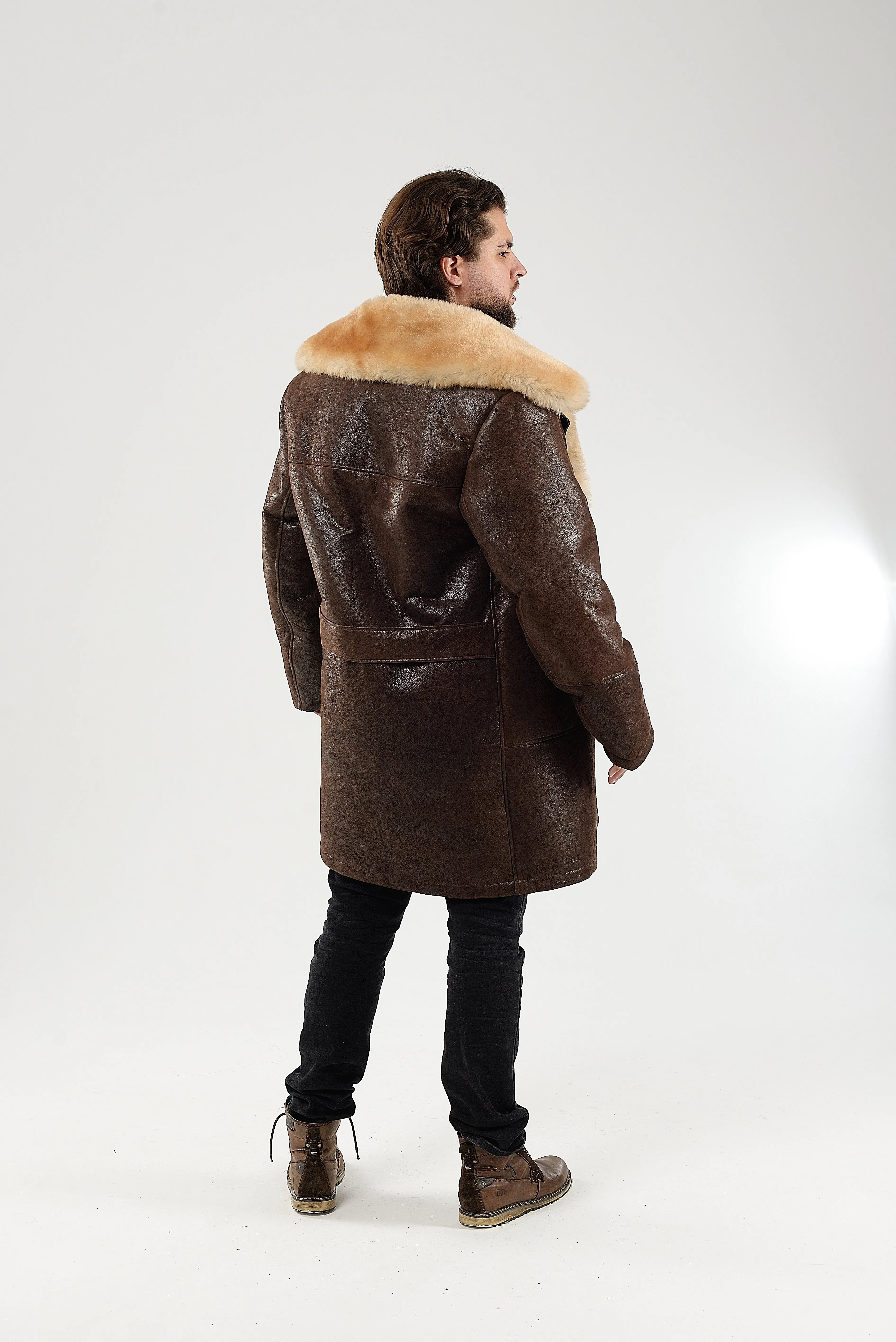 Mens Long Shearling Sheepskin Coat in Brown Color with Wide Fur Collar