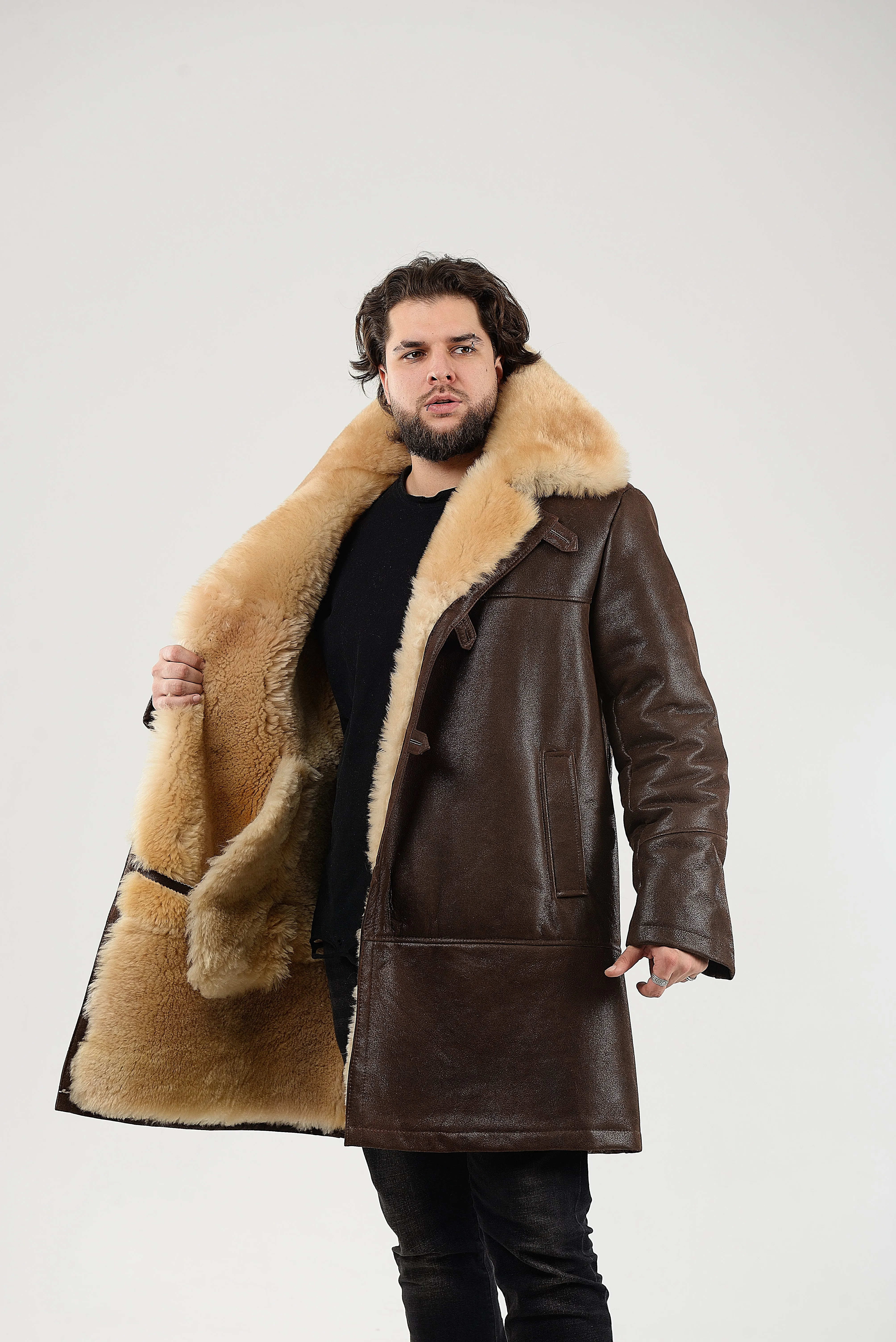 Mens Long Shearling Sheepskin Coat in Brown Color with Wide Fur Collar