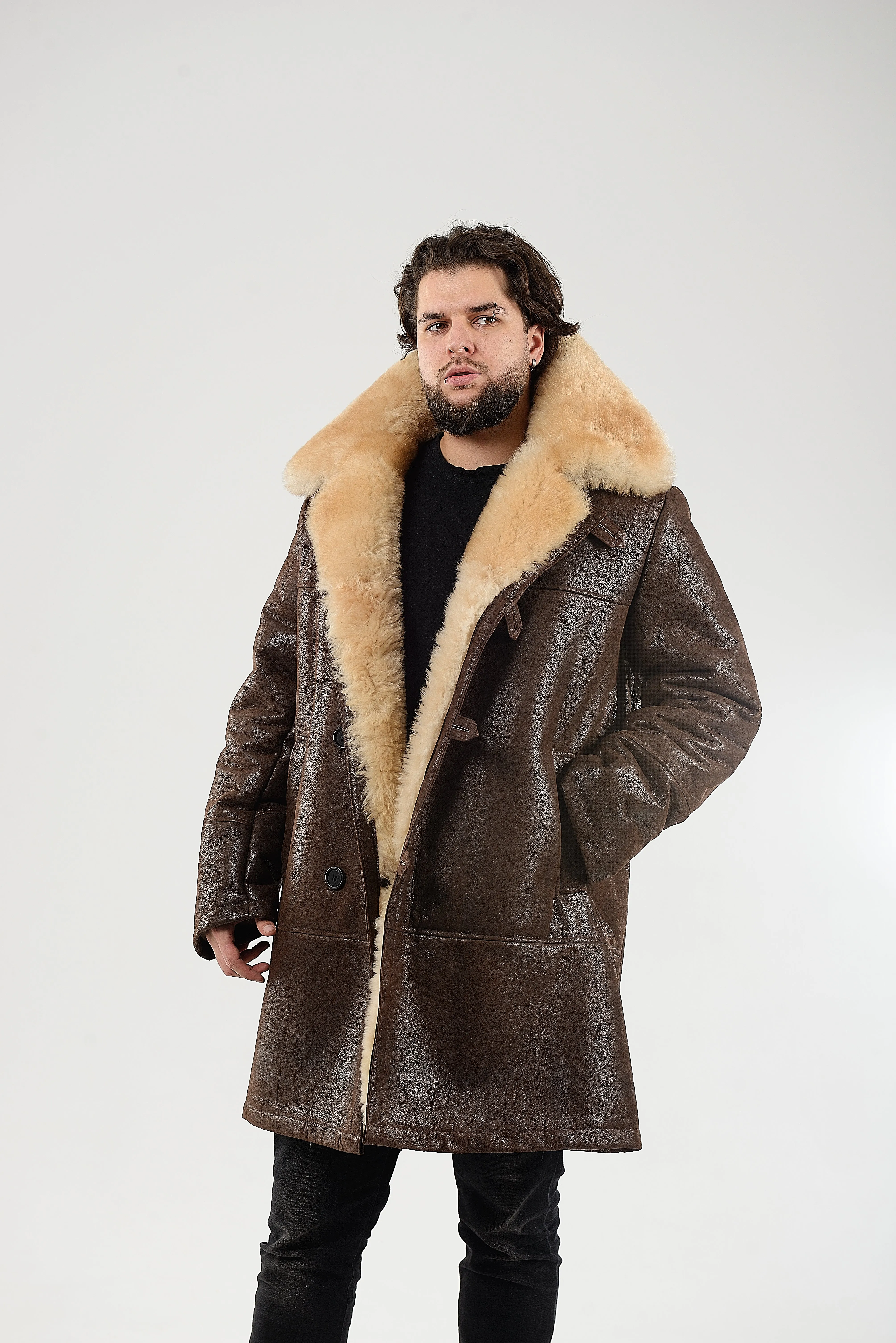 Mens Long Shearling Sheepskin Coat in Brown Color with Wide Fur Collar