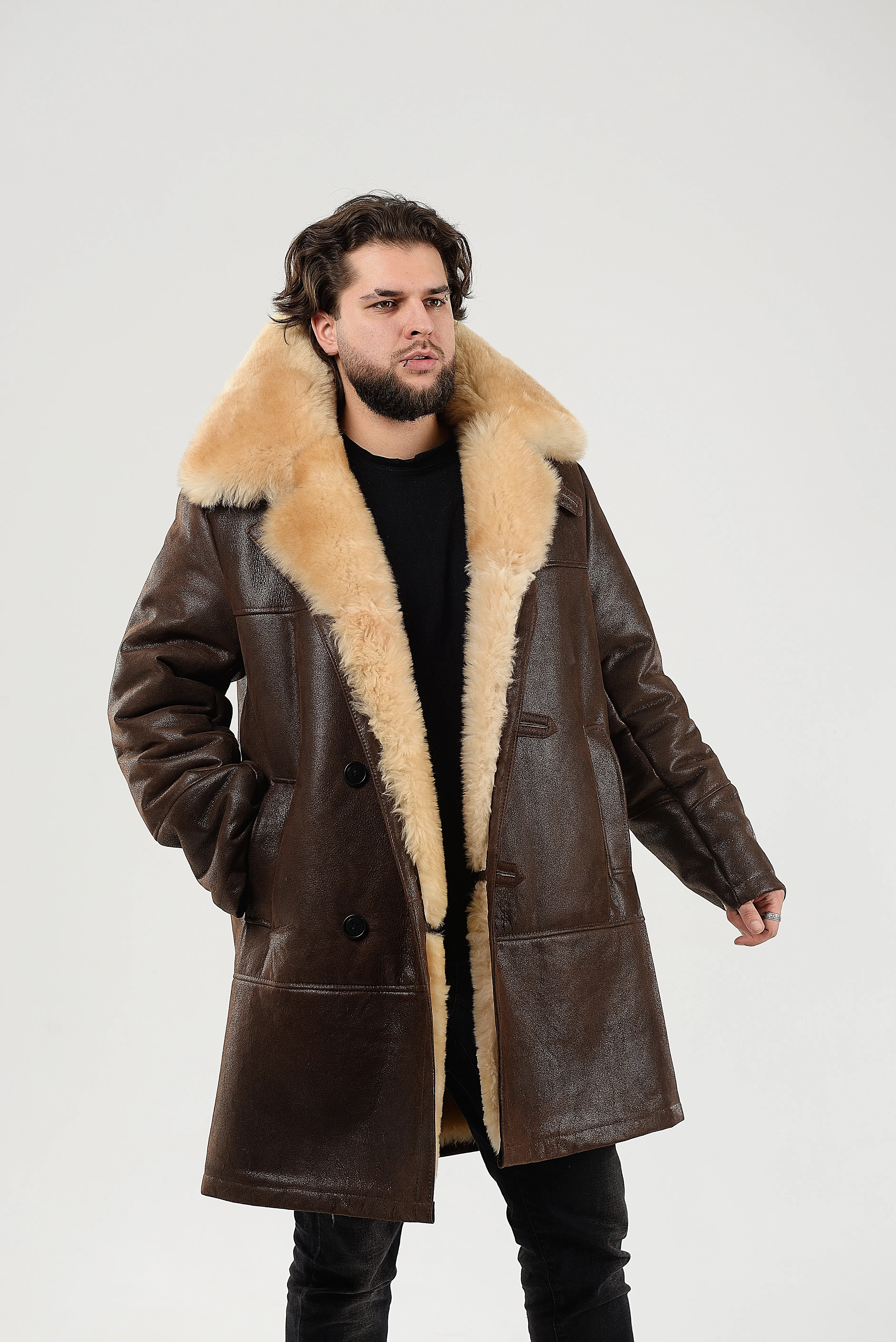 Mens Long Shearling Sheepskin Coat in Brown Color with Wide Fur Collar