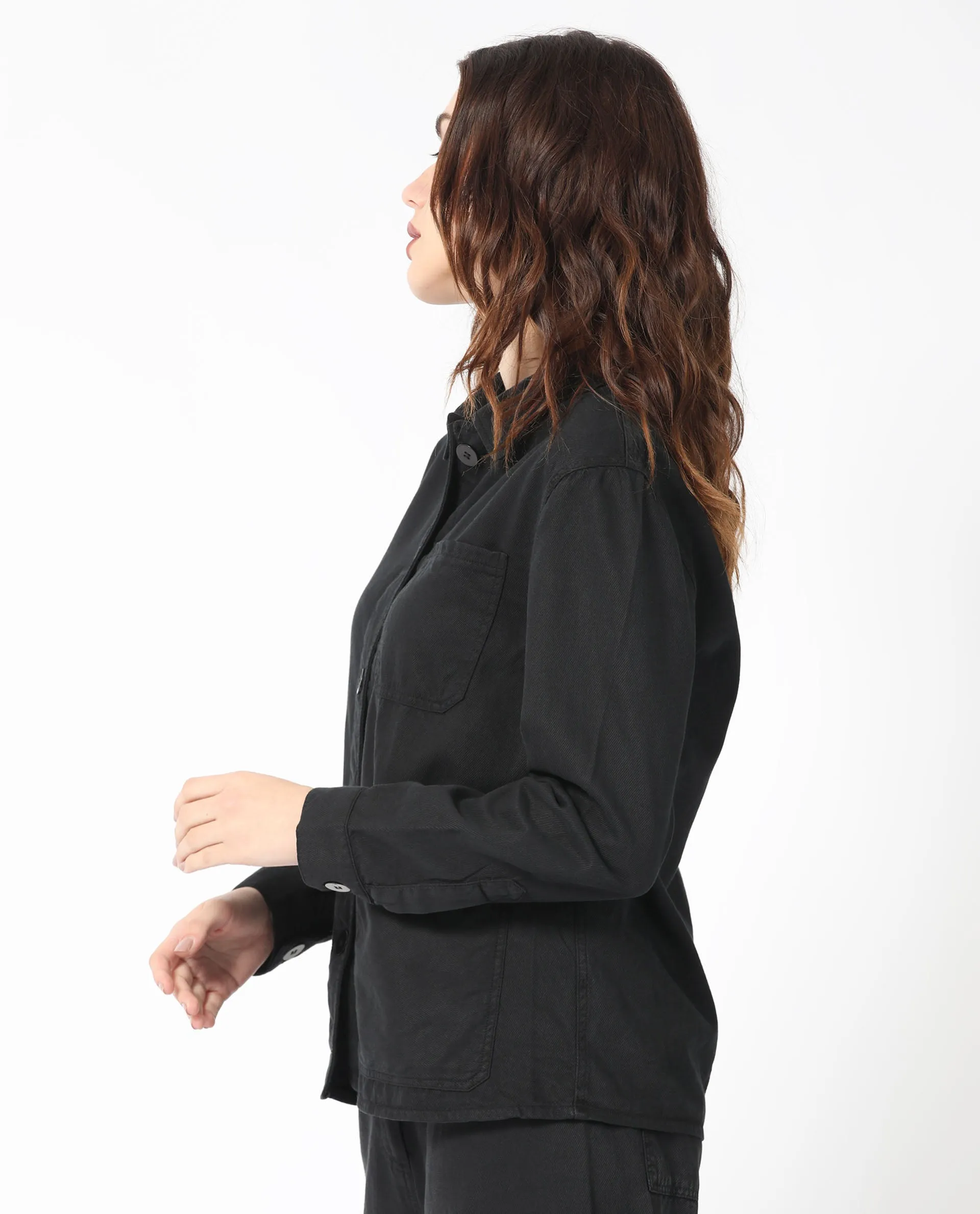 Rareism Women Genesis Black Tencel Fabric Full Sleeves Button Closure Shirt Collar Regular Fit Plain Jacket