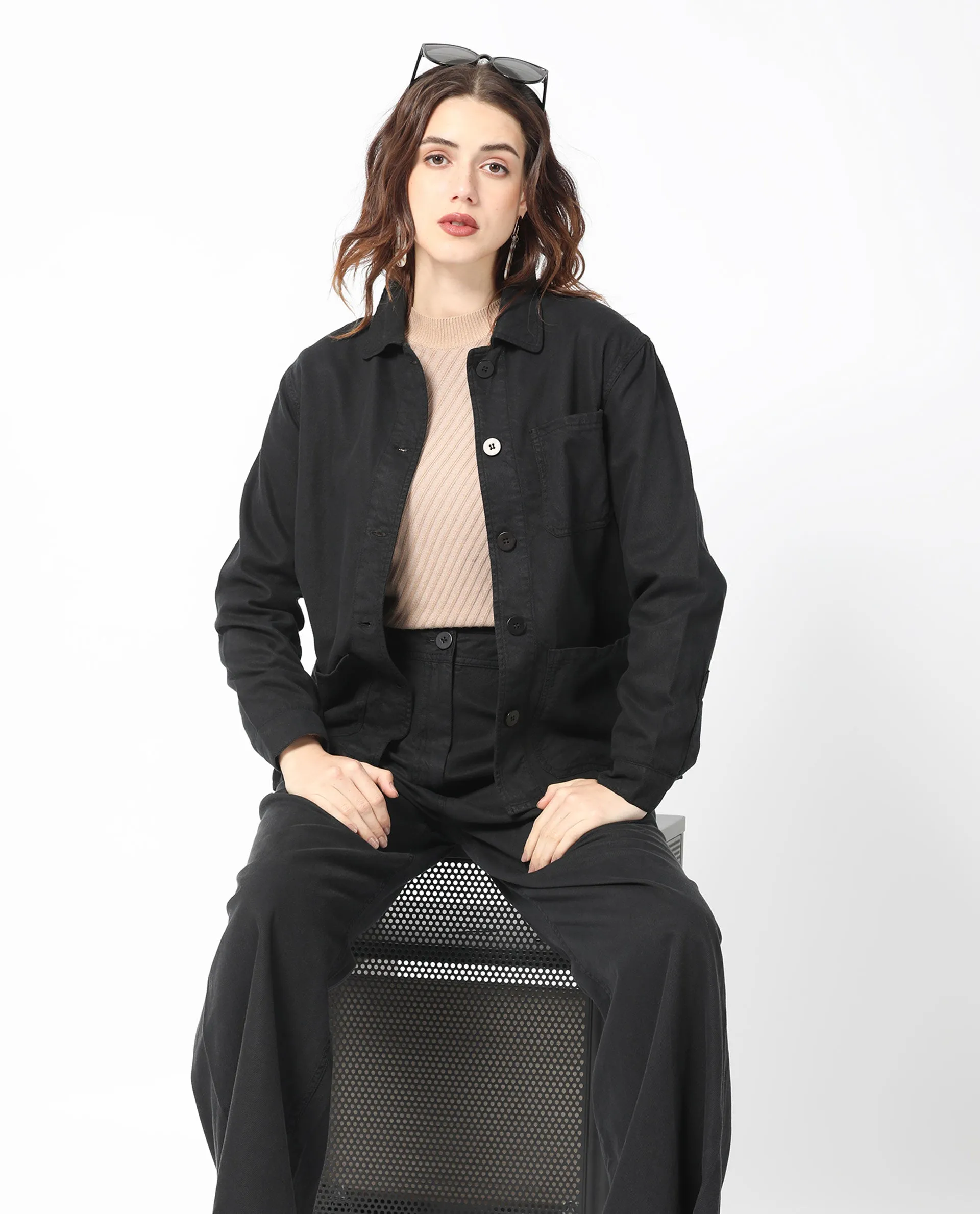 Rareism Women Genesis Black Tencel Fabric Full Sleeves Button Closure Shirt Collar Regular Fit Plain Jacket