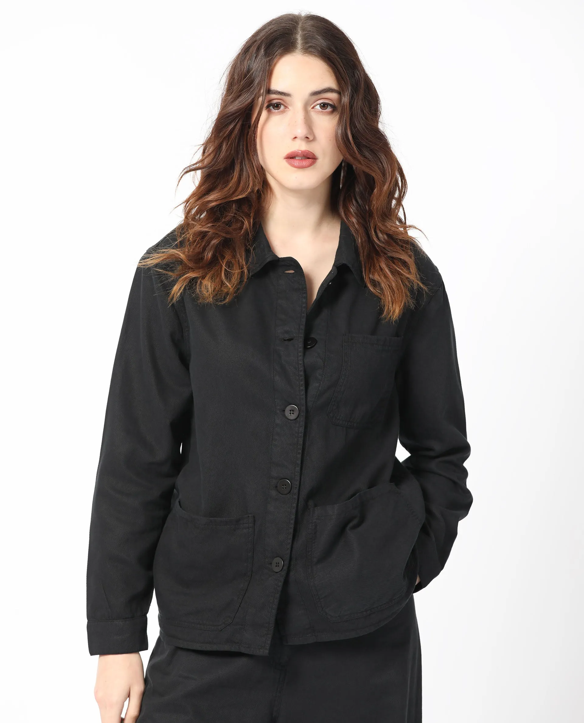 Rareism Women Genesis Black Tencel Fabric Full Sleeves Button Closure Shirt Collar Regular Fit Plain Jacket