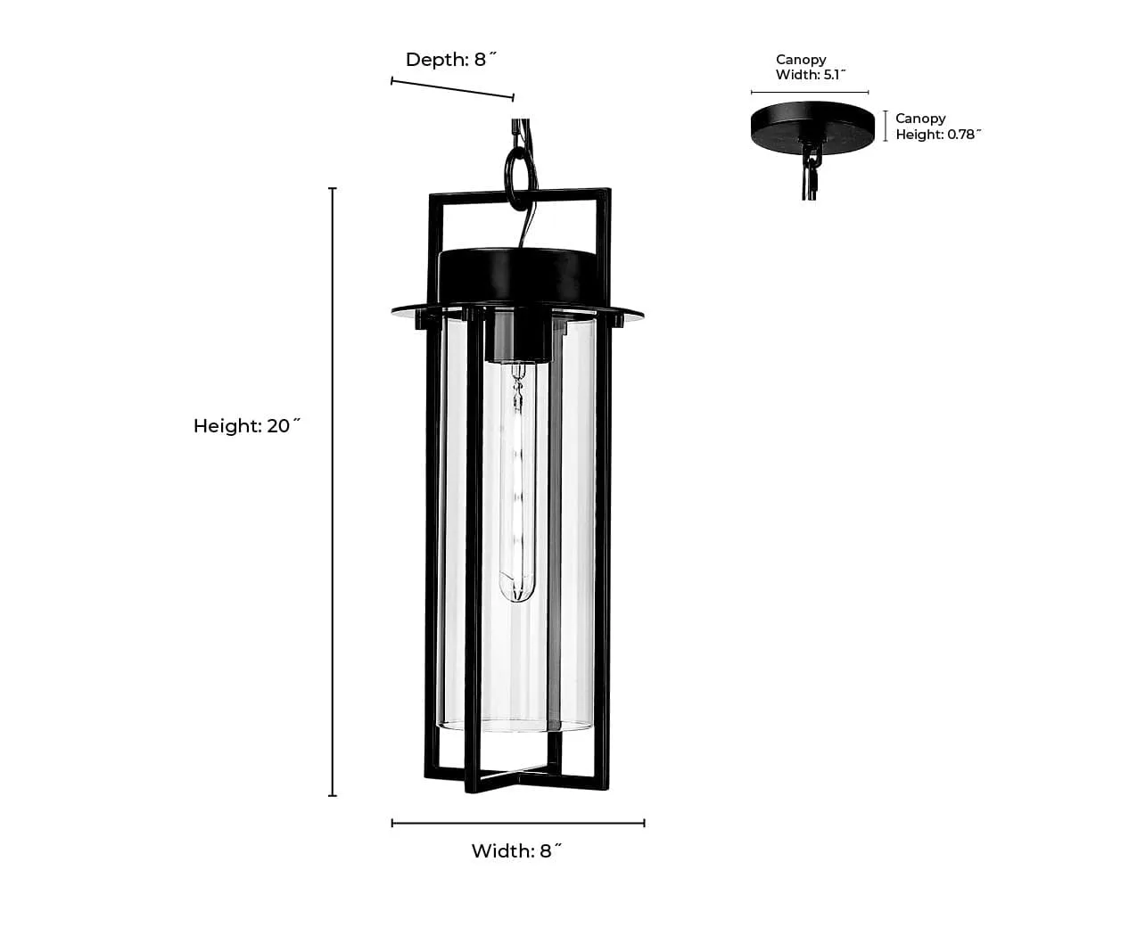 Russell Outdoor Hanging Lantern - Powder Coated Black - Clear Glass - 8in. Diameter - E26 Medium Base