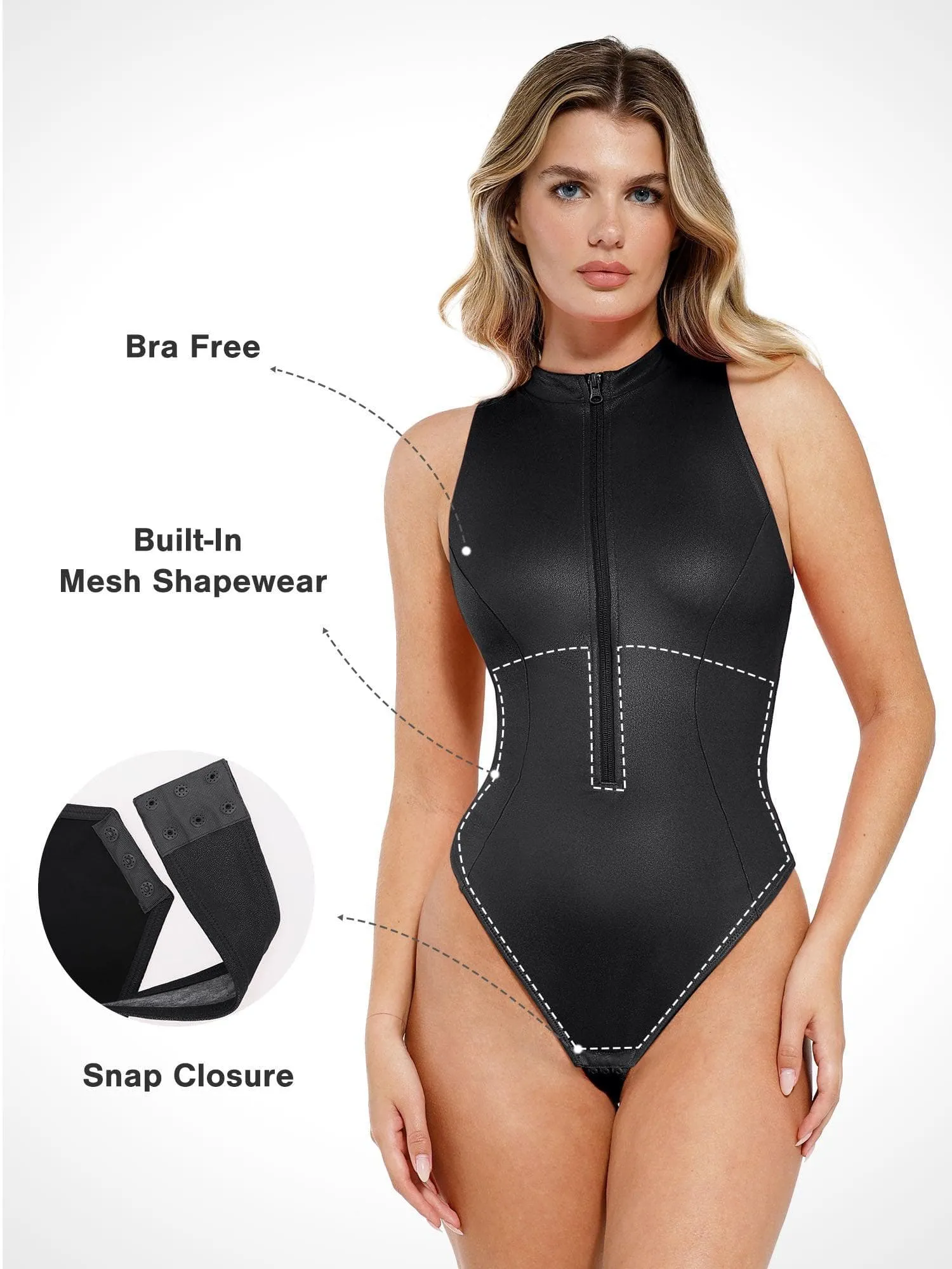 Shapewear Faux Leather Mock Neck Zip Front Sculpting Bodysuit