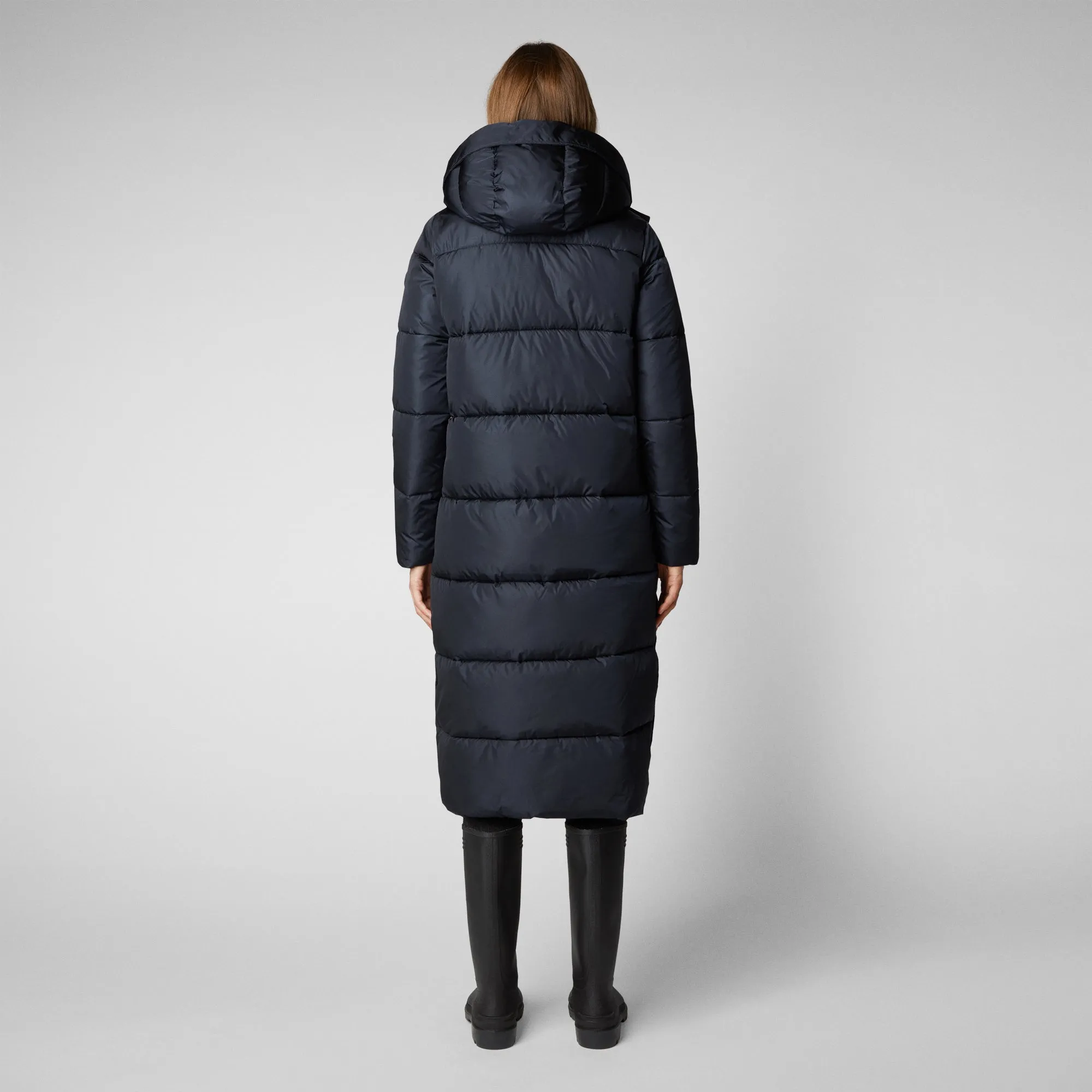 Women's Colette Long Puffer Coat with Detachable Hood in Blue Black