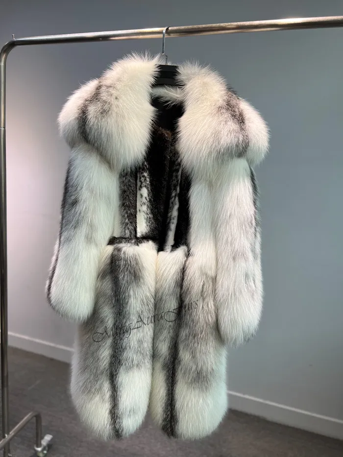 Women's Long Fox Fur Coat -  Artic Marble Frost Fox and Mink - G0023