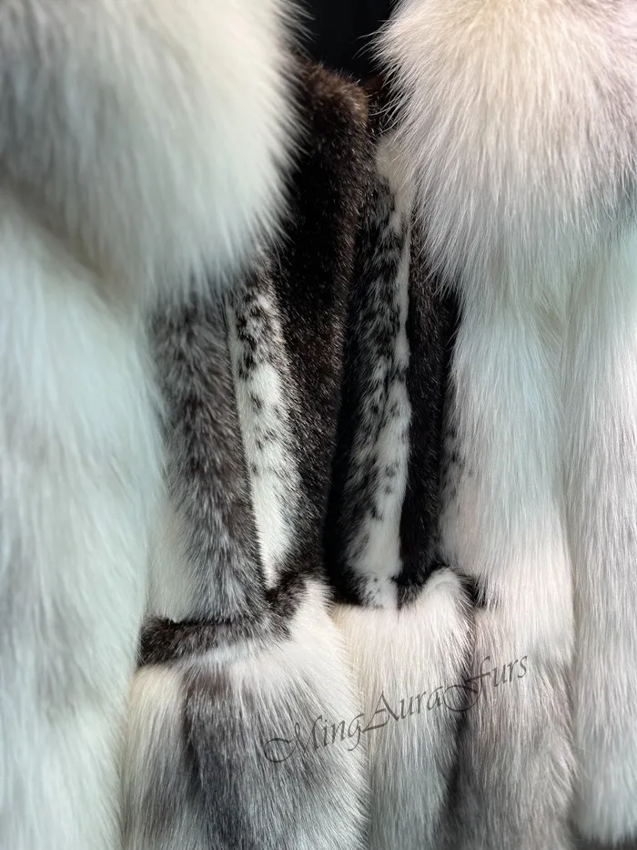 Women's Long Fox Fur Coat -  Artic Marble Frost Fox and Mink - G0023