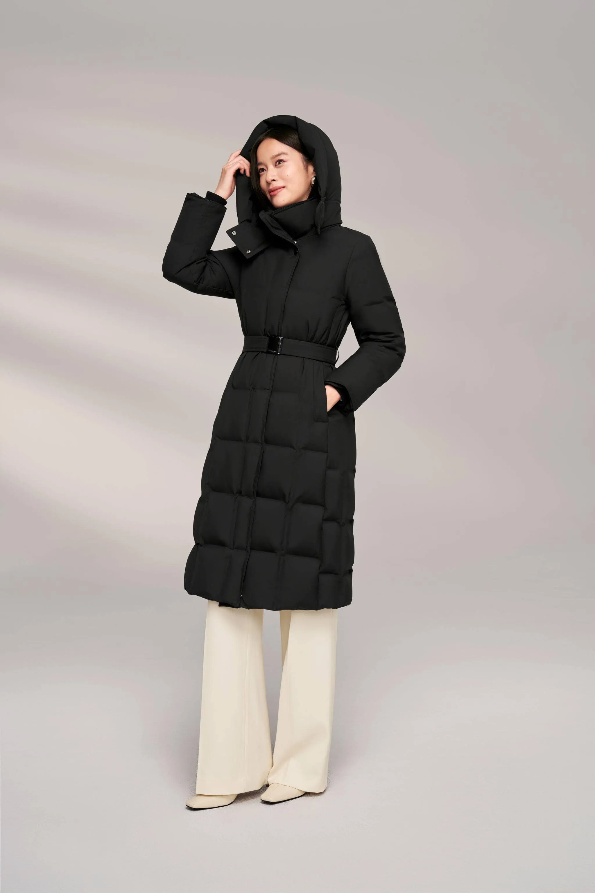 Women’s Patterned Long Goose Down Coat With Belt