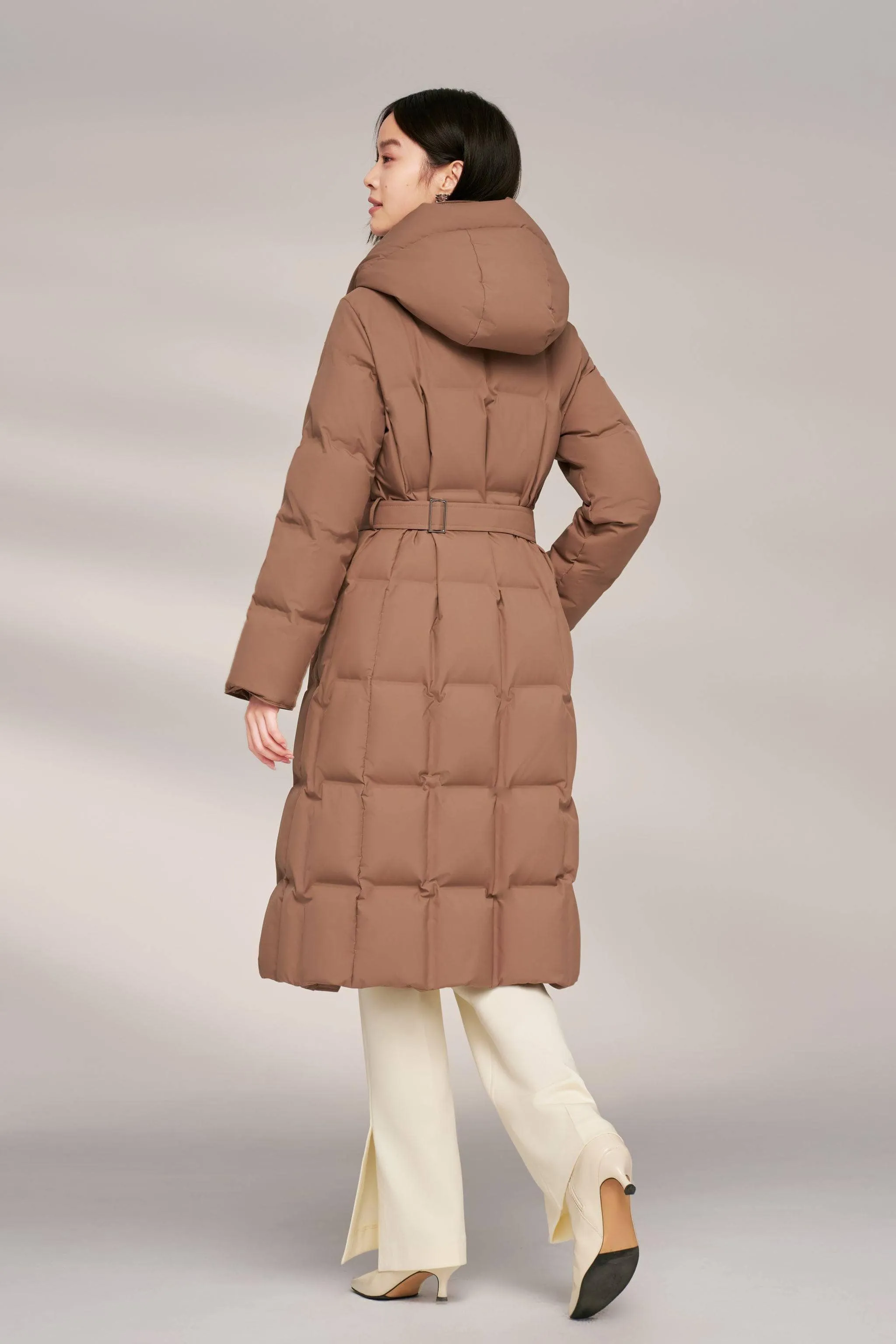 Women’s Patterned Long Goose Down Coat With Belt