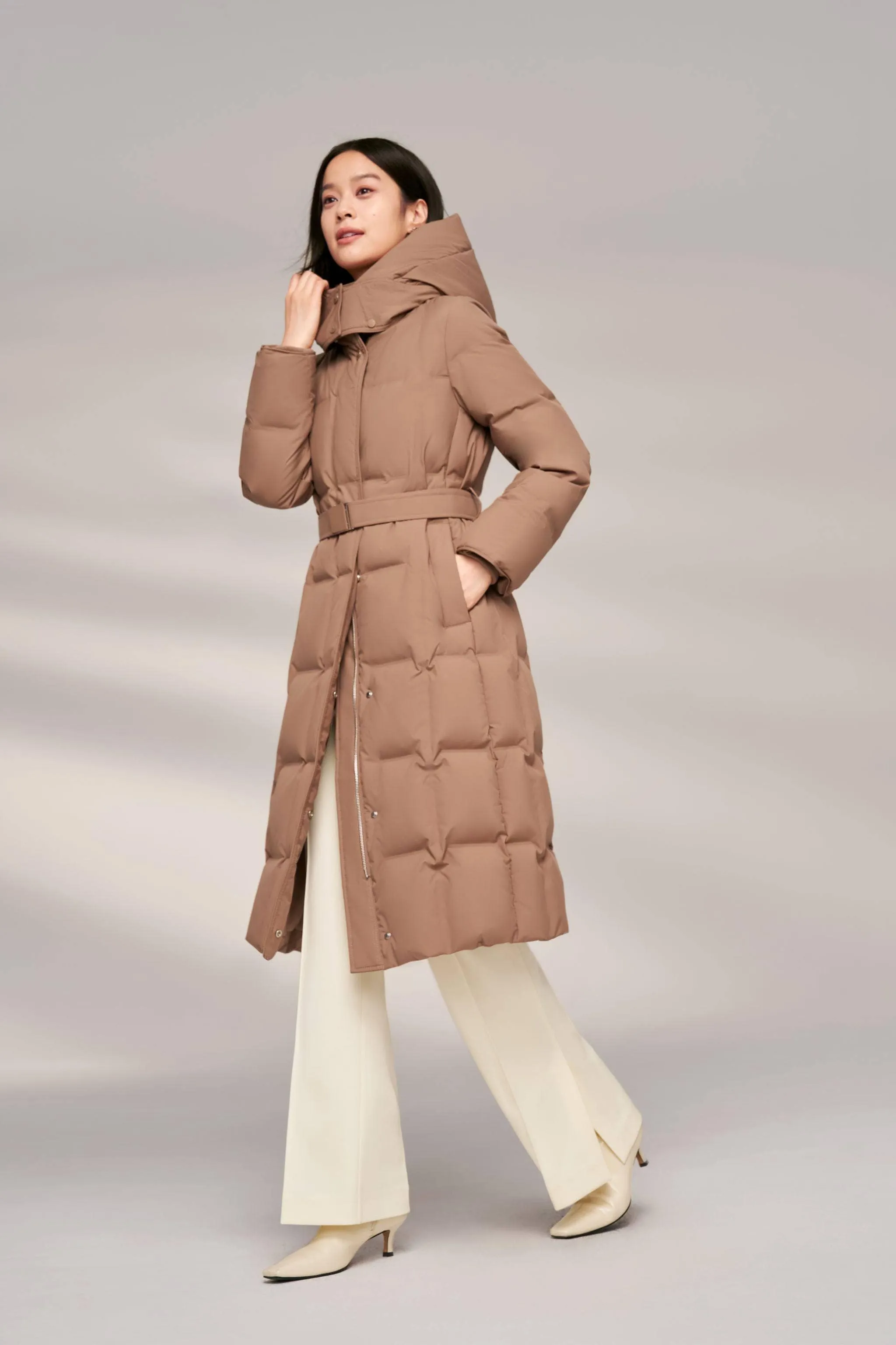 Women’s Patterned Long Goose Down Coat With Belt