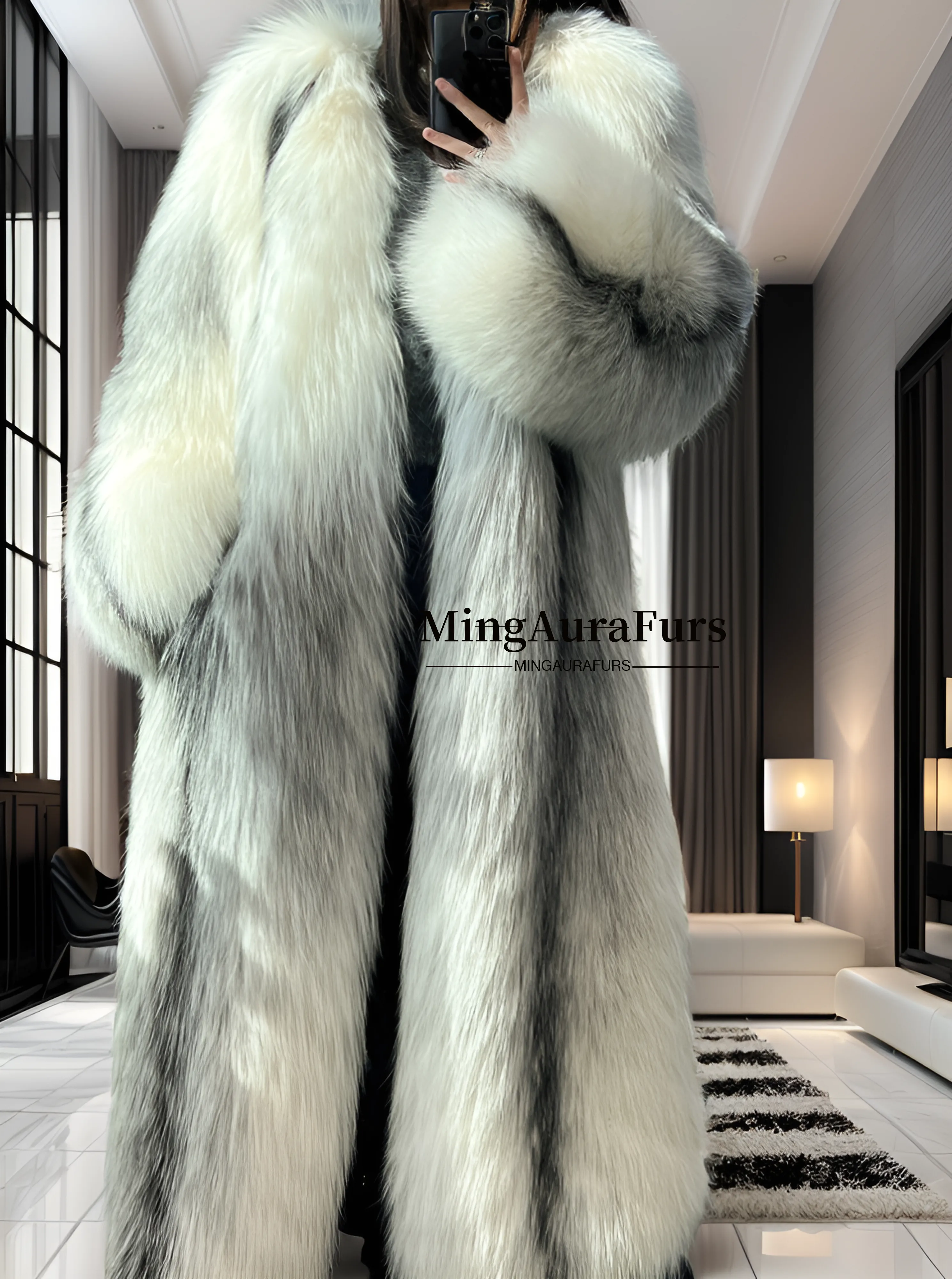 Women's Real Long Fox Fur Coat - Arctic Marble Fox - G0056