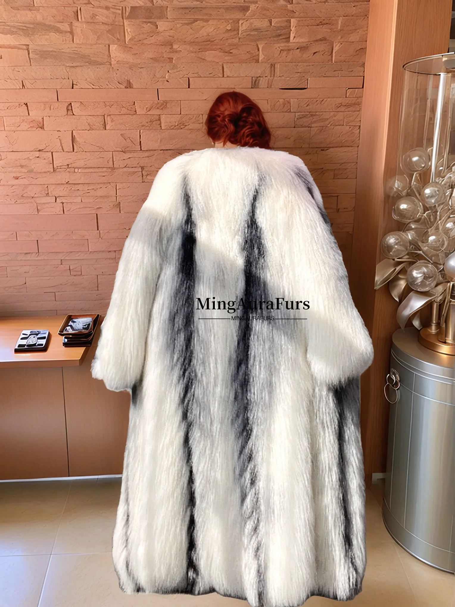 Women's Real Long Fox Fur Coat - Arctic Marble Fox - G0056