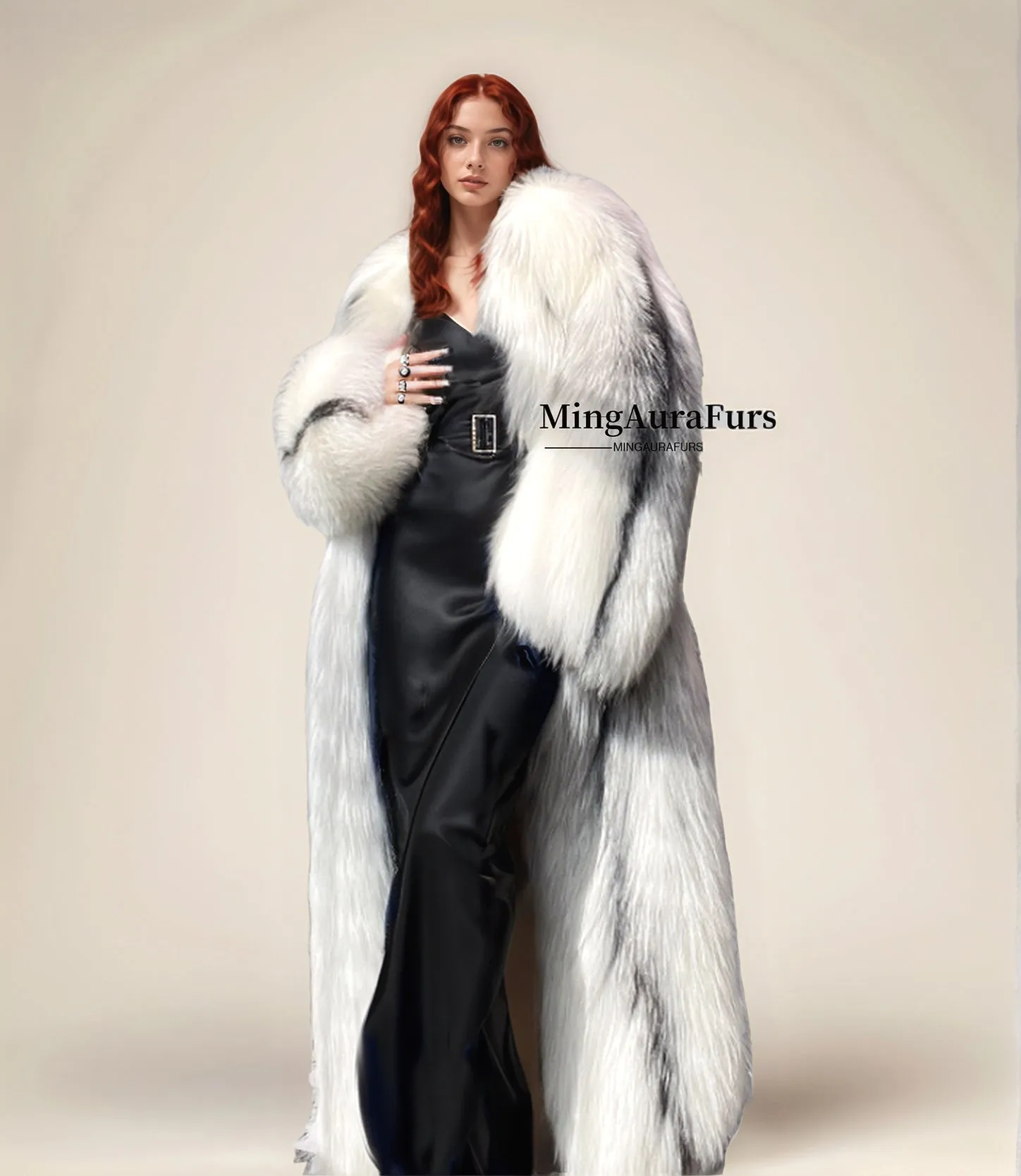 Women's Real Long Fox Fur Coat - Arctic Marble Fox - G0056