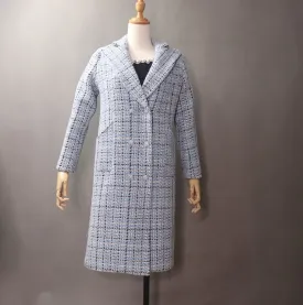 Women's Sky Blue Winter Checked Long Warm Coat