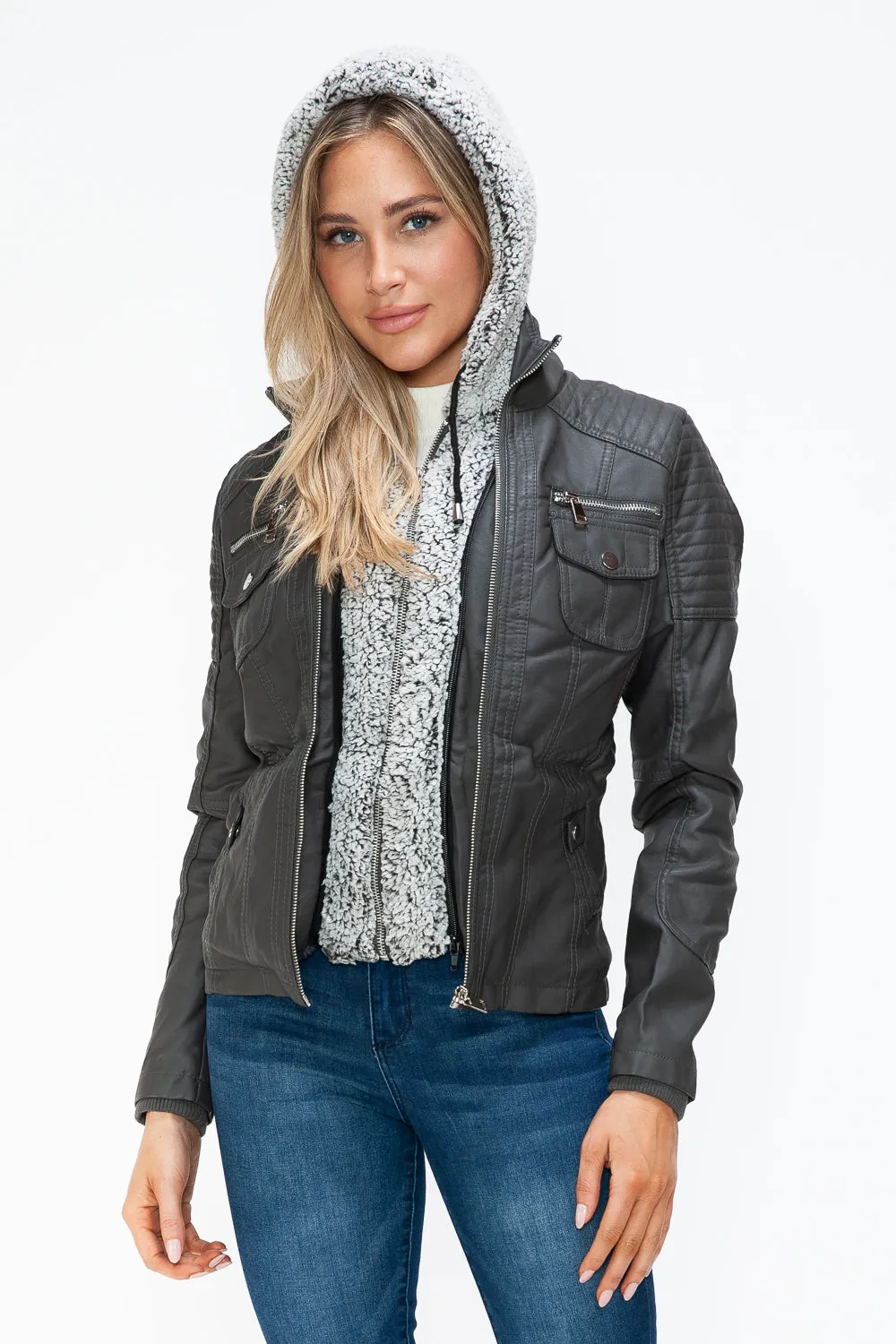 YMI Faux Leather Women Jacket Removable Fuzzy Hood Layered Black Biker