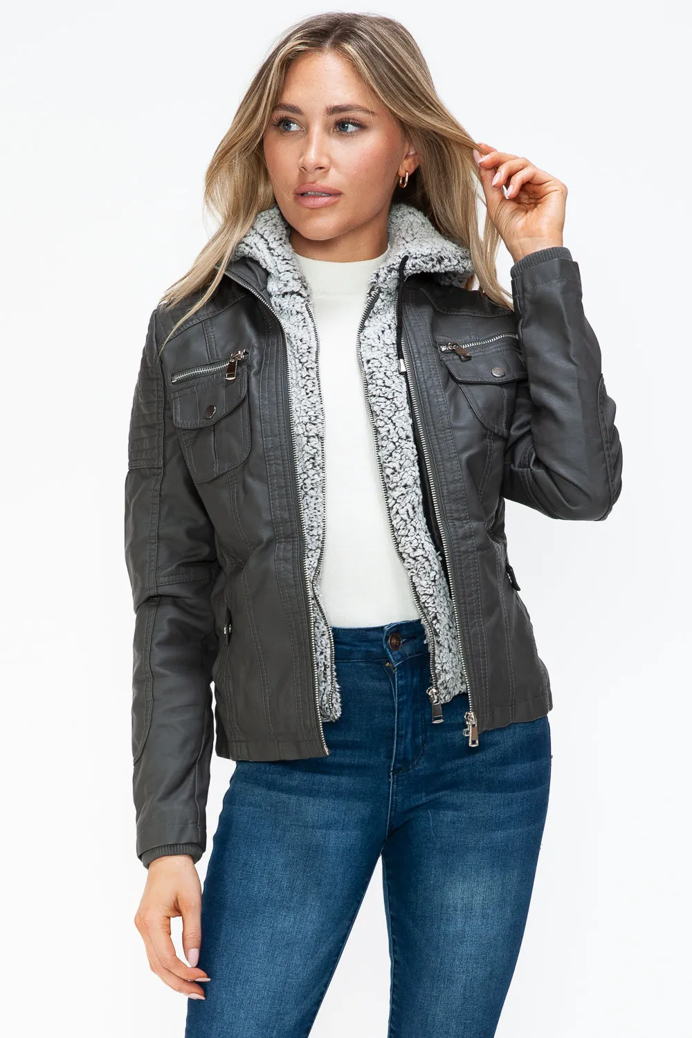 YMI Faux Leather Women Jacket Removable Fuzzy Hood Layered Black Biker